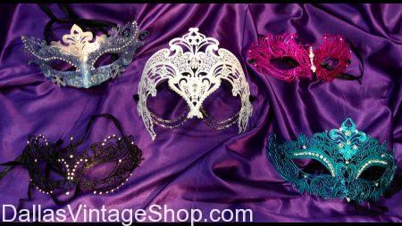 Laser Cut Masquerade Masks: Elaborate, Ornate, Feminine LASER CUT Masks in Gold, Copper, Silver & Mardi Gras Colors. Some have beautiful Feathers, Flowers & Embellishments. SEE MORE:  Mardi Gras Gala Attire. SEE MORE: Laser Cut Masquerade Masks at Dallas Vintage Shop.
