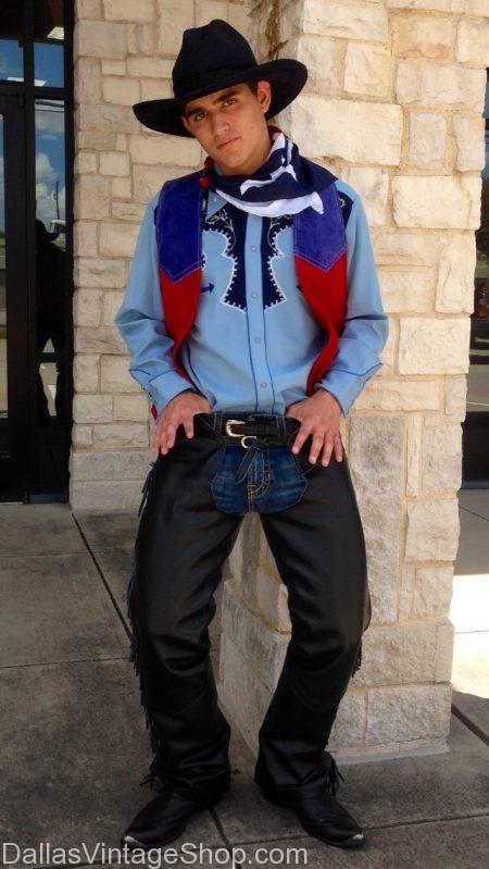 Get HANDSOME COWBOYS OUTFITS, 'Texas!' Outdoor Cowboy Musical Costumes, Texas Cowboy Gear, Hisorical Crease Cowboy Hats, Theatrical Texas Cowboy Chaps, Chinks & Gear at Dallas Vintage Shop.