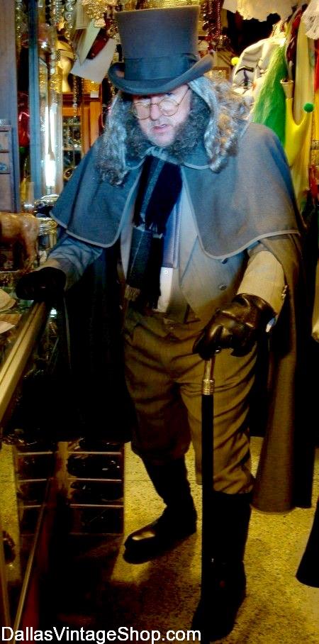 Dickens Ebenezer Scrooge Costume, Dickens Scrooge Character Attire, Dickens Scrooge Top Hat, Wig, Side Burns are in stock at Dallas Vintae Vintage Shop.