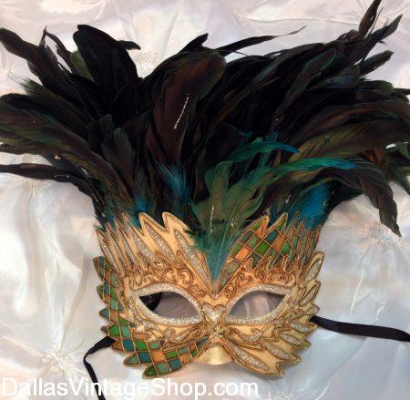 DFW MARDI GRAS COSTUME GUIDE: Huge Selection of Highly Detailed, Feather Crowned, Impressive Mardi Gras Masks for Men at Dallas Vintage Shop.