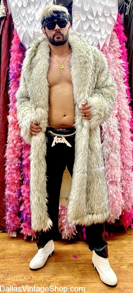 Barbie Movie Ken Fur Coat Costume full length white fur coat complete ourfit, Bandanna, Ken Logo Fanny Pac, Ken Horse Head Necklace, Ken blonde wig and other Ken Costumes are at Dallas Vintage Shop.