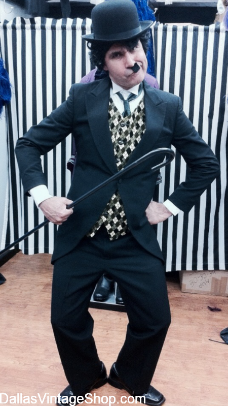 RETRO CHARACTERS: CHARLIE CHAPLIN and any other Retro Hollywood Characters you can think of at Dallas Vintage Shop. Retro Characters from Old Hollywood Movies, Silent Movies, Vintage TV Shows, Charlie Chaplin, Silver Screen Icons, Complete Outfits, Canes, Bowler Hats, Mustaches, Glasses &Ll LAccessories.
